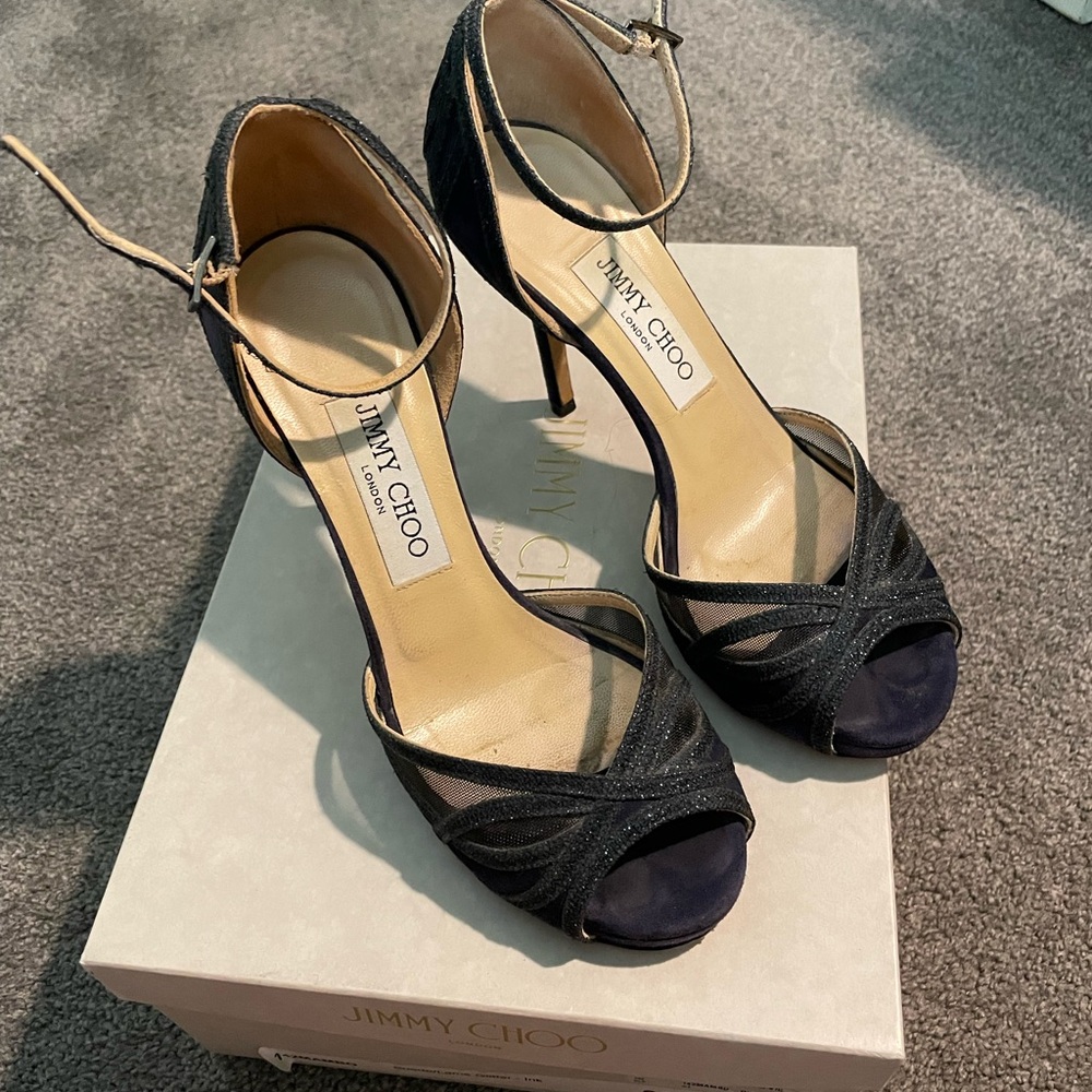 Jimmy Choo Navy Blue Suede and Glitter Women's Heels